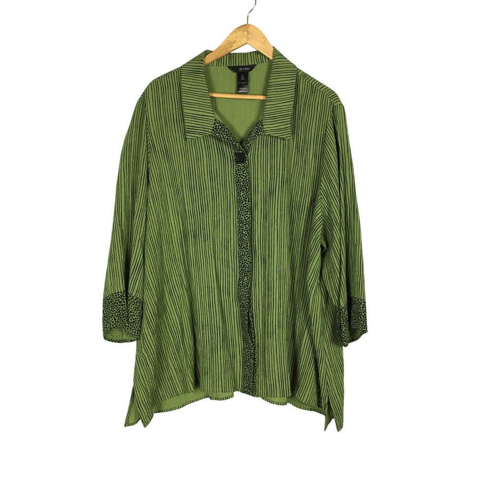 Ali Miles Green Striped Blouse 3X Plus Size Button Boho Top Rayon Lagenlook